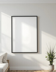 Empty frame mockup with a black edge border, ISO A paper size. Living room wall poster empty mockup. Interior scene featuring a house background. Modern interior design setting. Realistic 3D render.