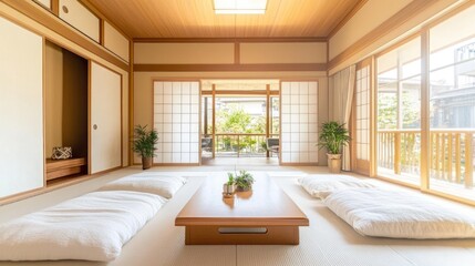 Japanese Traditional Interior Design with Tatami Mats and Sliding Doors