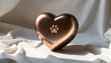 Heart-shaped metallic pet cremation urn with engraved paw print