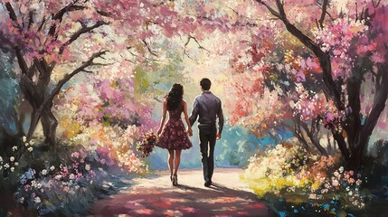 Obraz premium Couple walking hand-in-hand through a blooming cherry blossom pathway.
