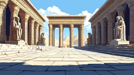 Ancient Egyptian Temple Entrance with Statues and Desert Landscape.