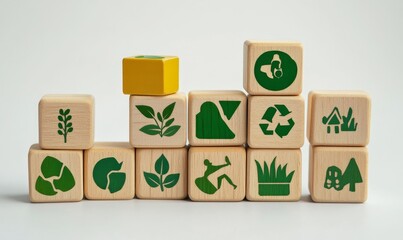Eco-Friendly Concept: Wooden Blocks with Green Icons and Saplings Representing Carbon Neutral, Net Zero Initiatives in Natural Environment, Earth Conservation Emphasis, Generative AI