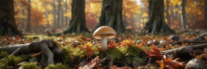 Champignon mushroom amidst autumnal foliage and tree roots, detailed composition, earthy tones
