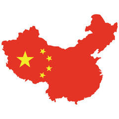 Fototapeta premium A simple, outlined map of China, colored in the national flag's red and displaying the Chinese flag emblem (five yellow stars) prominently