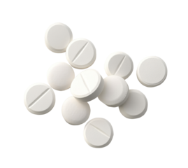 White round tablets scattered on a flat surface, ready for medication or research purposes on transparent background