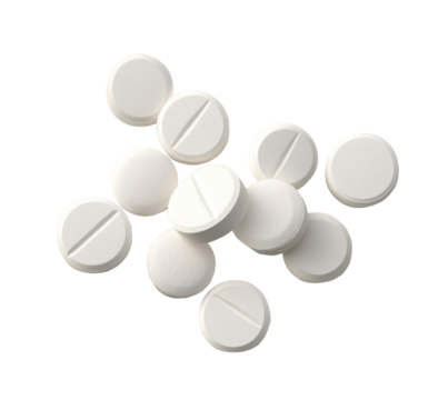 White round tablets scattered on a flat surface, ready for medication or research purposes on transparent background