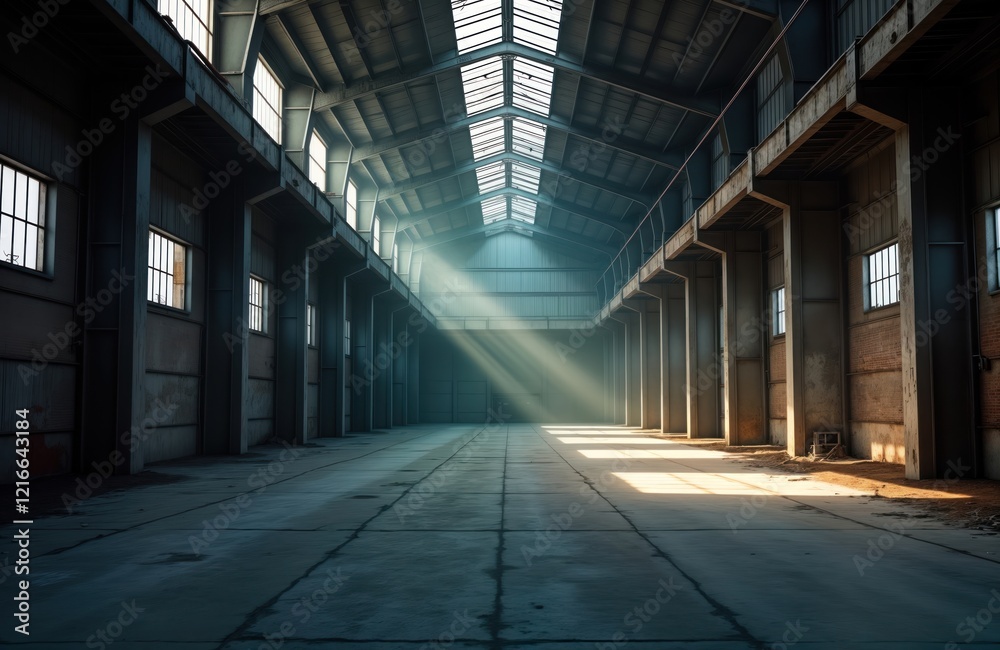 Aufkleber abandoned empty warehouse interior. sunlight streams through roof creating dramatic shadows on concr