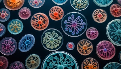 Fototapeta premium Microscopic World: A Colorful Array of Microbial Cultures in Petri Dishes