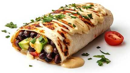 Delicious Grilled Burrito with Black Beans, Avocado, and Creamy Sauce.