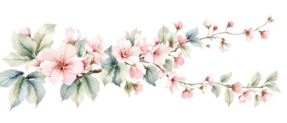 Fototapeta premium Cherry blossom branch in watercolor style on white background, with pink flowers and green leaves, soft hues, floral artwork