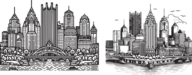 Fototapeta premium Outline Pittsburgh skyline. Trendy template with Pittsburgh city buildings and landmarks in line style. Stock vector design. 