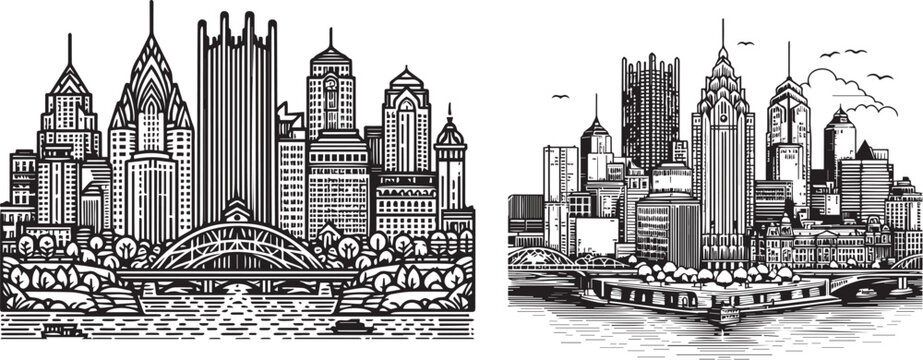 Outline Pittsburgh skyline. Trendy template with Pittsburgh city buildings and landmarks in line style. Stock vector design.	