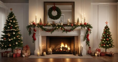 Fototapeta premium Christmas decorations on a mantel over the fireplace, festive atmosphere, holiday decor, cozy room