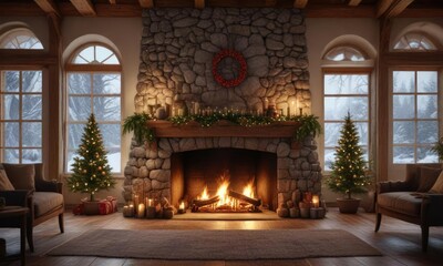 Christmas Eve atmosphere with a large stone fireplace, warmth, crackling
