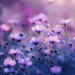 Fototapeta premium A whimsical scene of a vibrant field dotted with delicate pink flowers exuding a dreamy and serene atmosphere 