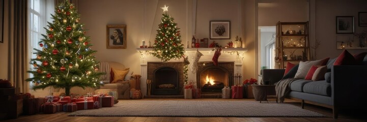 Christmas tree decorated with ornaments and lights in a cozy living room, cozy living room, holiday cheer