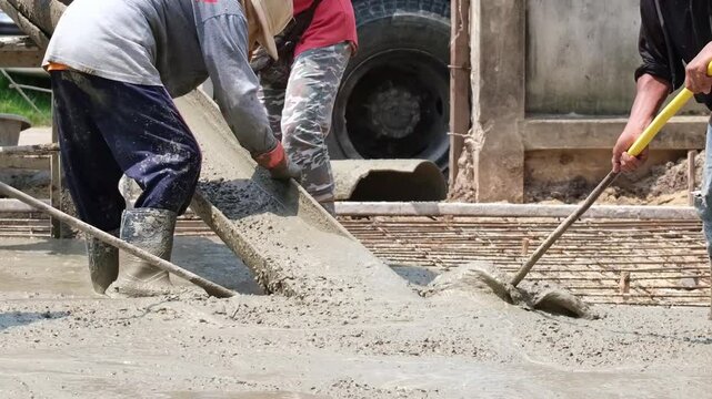 A team of construction workers is collaborating to shovel cement mix from a transport truck to build a concrete road under the hot sun