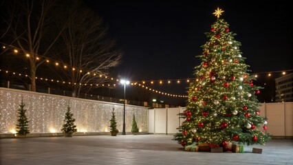 Christmas tree standing alone against a backdrop of twinkling lights and ornaments, cheerful, bright, festive centerpieces, christmas tree, glowing