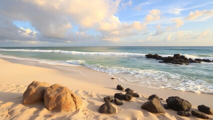Serene Sunset on a Tropical Beach with Gentle Waves and Rocks