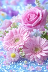 Pastel Floral Background, Soft Focus with Copy Space, Romantic Bouquet, Pink Roses and Daisies