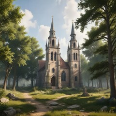 Fototapeta premium Church with steeples and belfry in a woodland scene, forest foliage , church spire, woodland scenery