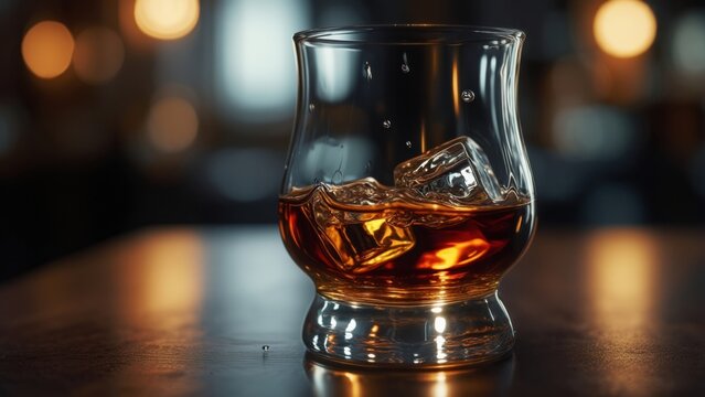 Whiskey glass with ice reflecting warm light in a cozy bar setting at night