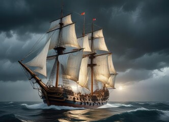 Obraz premium Classic sailing galleon with full white sails in a stormy weather scenario, sea, clouds