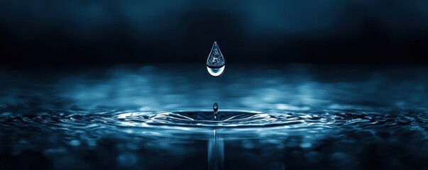 Floating airborne smooth concept. A single water droplet falling into a dark blue surface, creating ripples in a serene and tranquil setting.