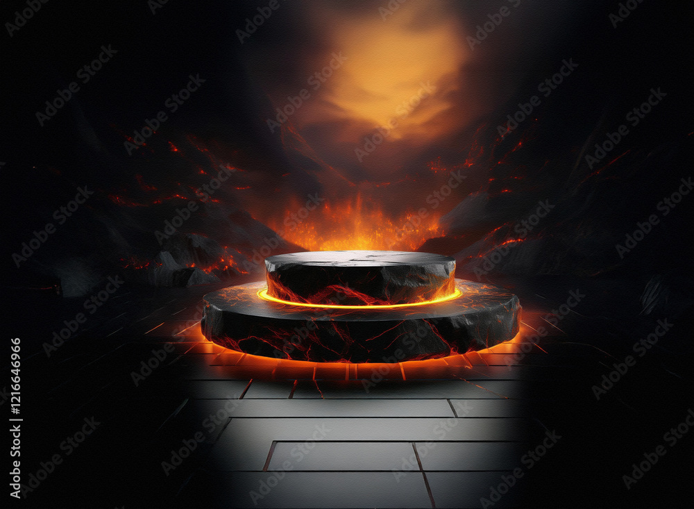 Aufkleber Fiery, dark scene featuring a double stone platform with glowing lava base.  Granular paper texture effect.  Volcanic landscape backdrop.