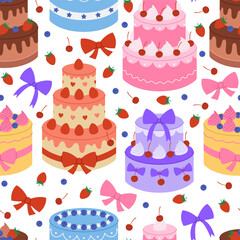 Seamless pattern with colorful cakes with cream, berries and bows on white background. Dessert for birthday, anniversary. Holiday baking. Vector flat illustration for wallpaper, textile, packaging