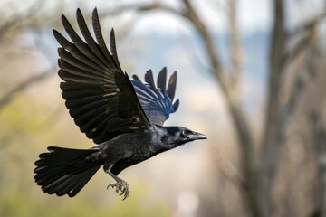 Obraz premium Close-up image of a black bird in flight with blurred background, wingspan, blur, aerodynamics, feathers