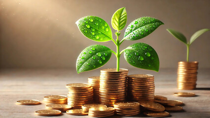 Plant Growing from a Pile of Coins – A small green plant emerging from stacked coins, symbolizing investment growth.

