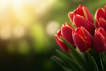 Naklejka premium A close-up of red tulips with yellow edges, illuminated by soft sunlight, against a blurred green and golden background, evoking warmth and the beauty of spring