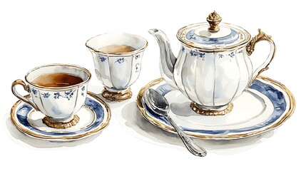 Elegant Watercolor Tea Set Teapot, Cups, and Saucer
