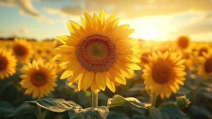 Obraz premium Sunflower field sunset, golden hour, summer bloom, agriculture