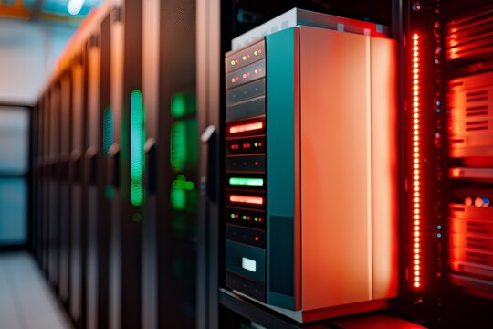 A row of computer servers with green lights on them