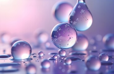 Abstract close-up view of water droplets, bubbles. Clear spheres, drops float in air with subtle lavender, pink color gradient. Liquid textures create sense of pure, fresh beauty. Image perfect for