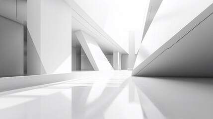 Abstract white architectural interior with geometric shapes and light reflections.