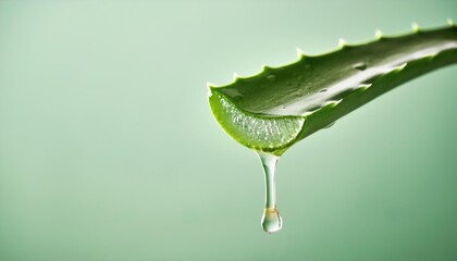 Fototapeta premium Aloe vera gel drips from a fresh slice of aloe vera on a bright, clean background 