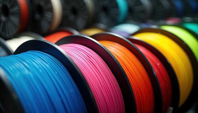 Colorful 3D printer filaments displayed on spools. Close-up view of various bright colors. Modern additive manufacturing materials shown. Filament spools arranged neatly. Colorful thermoplastic
