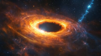 Obraz premium fiery accretion disk surrounding a black hole in deep space