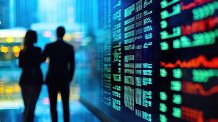 Professionals analyzing stock market trends in a financial district during nighttime with illuminated trading screens highlighting data and graphs