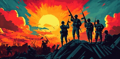 Fototapeta premium Soldiers Stand Victorious at Sunset Over a Battlefield