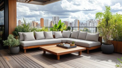 Obraz premium modern rooftop patio with comfortable sectional sofa and city view