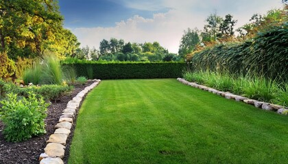 Obraz premium Garden Landscaping with Stone Border and Lush Green Lawn 