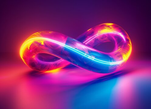 A glowing energetic abstract infinity loop featuring neon hues of pink, yellow, and blue on a bold, colorful background with smooth lighting