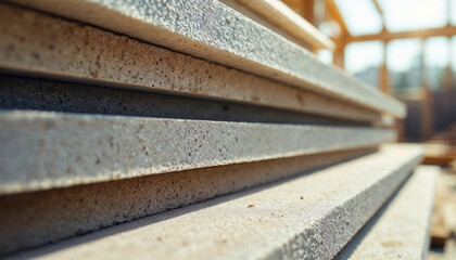 Stacked concrete slabs ready for construction at a building site during the day