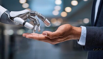 concept of artificial intelligence ai assistance and robotization of production. human hand accepts robot hand