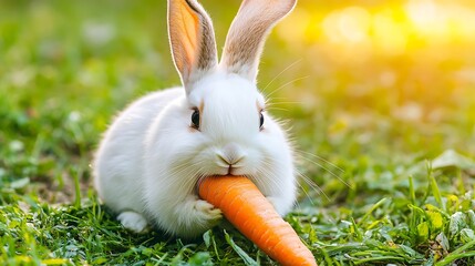 Adorable White Bunny Eating A Carrot In Grass