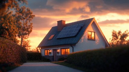cozy house with solar panels at sunset